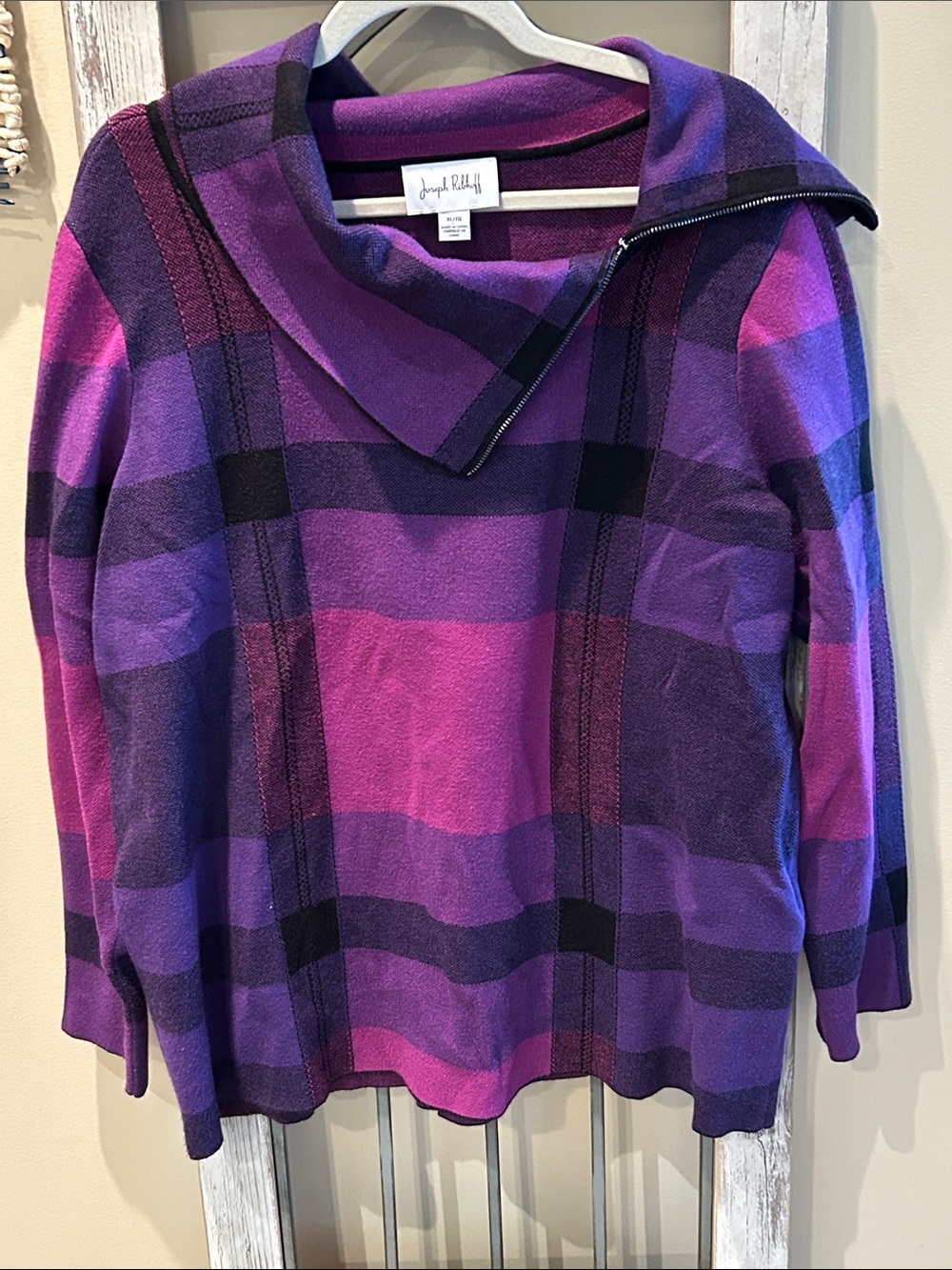 Joseph Ribkoff Purple & Fuchsia Plaid Funnel Neck Sweater
